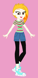 Size: 793x1598 | Tagged: safe, artist:robertsonskywa1, flare (g5), human, equestria girls, g4, g5, clothes, converse, equestria girls-ified, female, g5 to equestria girls, g5 to g4, generation leap, gwen stacy, marvel, open mouth, photo, pink background, shoes, simple background, solo, spider-man, spider-man: across the spider-verse, tomboy