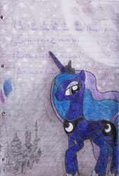 Size: 2056x3042 | Tagged: safe, artist:paajbach, princess luna, alicorn, pony, g4, canterlot, colored, colored pencil drawing, concave belly, female, high res, lined paper, mare, pencil drawing, slender, solo, thin, traditional art