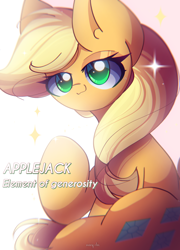 Size: 1800x2500 | Tagged: safe, artist:miryelis, applejack, earth pony, pony, g4, magical mystery cure, big ears, female, long hair, mare, simple background, sitting, smiling, solo, sparkles, text, white background