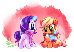 Size: 1500x1050 | Tagged: safe, artist:whitediamonds, applejack, rarity, earth pony, pony, unicorn, rarijack daily, g4, blank flank, blushing, bow, clothes, cute, duo, duo female, female, filly, filly applejack, filly rarity, foal, freckles, glowing, glowing horn, hatless, horn, jackabetes, lesbian, levitation, looking at someone, looking at something, magic, magic aura, missing accessory, open mouth, open smile, raribetes, scarf, ship:rarijack, shipping, signature, sitting, smiling, striped scarf, tail, tail bow, telekinesis, underhoof, younger