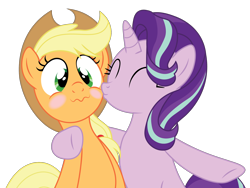 Size: 1800x1350 | Tagged: safe, artist:prixy05, applejack, starlight glimmer, earth pony, pony, unicorn, g4, ^^, bipedal, blushing, cheek kiss, duo, duo female, eyes closed, female, hoof around neck, kissing, lesbian, mare, ship:glimmerjack, shipping, simple background, transparent background, vector
