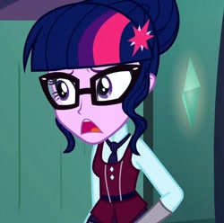 Size: 1214x1202 | Tagged: safe, screencap, sci-twi, twilight sparkle, human, equestria girls, g4, my little pony equestria girls: friendship games, clothes, cropped, crystal prep academy, crystal prep academy uniform, female, necktie, school, school tie, school uniform, schoolgirl, solo, song, what more is out there