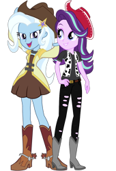 Size: 736x1080 | Tagged: safe, artist:ajosterio, editor:cutler1228, starlight glimmer, trixie, equestria girls, g4, boots, clothes, couple, cowboy boots, cowboy hat, cowgirl, cowgirl outfit, cowprint, duo, duo female, female, hat, lesbian, outfit, overalls, pants, ship:startrix, shipping, shoes, simple background, skirt, spurs, stetson, transparent background