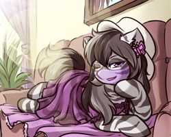 Size: 1181x943 | Tagged: safe, artist:chen_ying, oc, oc only, unnamed oc, zebra, clothes, couch, crepuscular rays, dress, female, mare, plant, solo, zebra oc