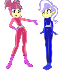 Size: 1927x2175 | Tagged: safe, sour sweet, upper crust, human, equestria girls, g4, :o, base used, bodysuit, catsuit, clothes, duo, duo female, eyeshadow, female, hand on hip, high res, latex, latex suit, makeup, open mouth, open smile, simple background, smiling, totally spies, white background