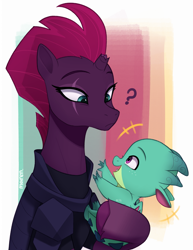 Size: 2941x3802 | Tagged: safe, artist:maren, sparky sparkeroni, tempest shadow, dragon, pony, unicorn, g4, g5, baby, baby dragon, cute, duo, duo male and female, emanata, female, high res, holding a dragon, male, mare, open mouth, open smile, question mark, reaching, smiling, sparkybetes, sternocleidomastoid, tempestbetes