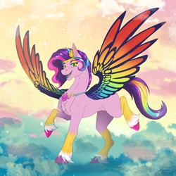 Size: 1600x1600 | Tagged: safe, artist:sunny way, pipp petals, pegasus, pony, g5, adorapipp, art, artwork, bridlewoodstock, cloud, concave belly, cute, digital art, feather, female, fit, happy, jewelry, mare, necklace, open mouth, shiny, skinny pipp, slender, smiling, solo, spread wings, sternocleidomastoid, teeth, thin, unshorn fetlocks, wings
