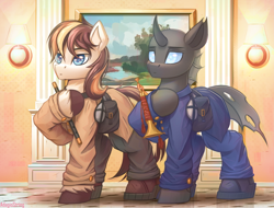 Size: 2840x2160 | Tagged: safe, artist:adagiostring, oc, changeling, earth pony, pony, clothes, commission, couple, duo, group, high res, male, room, stallion, standing, uniform