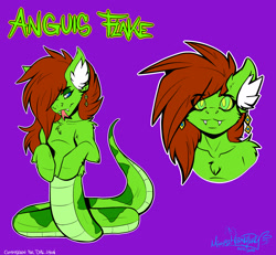 Size: 2600x2400 | Tagged: safe, artist:mimy92sonadow, oc, oc only, oc:anguis flake, hybrid, lamia, original species, bust, ear fluff, ear piercing, earring, fangs, female, high res, hypnosis, jewelry, looking at you, piercing, reference sheet, simple background, solo, text, tongue out