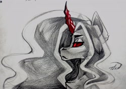 Size: 4000x2827 | Tagged: safe, artist:tlen borowski, oc, pony, black and white, bust, commission, eyebrows, grayscale, horn, monochrome, portrait, red eyes, red horn, simple background, sketch, solo, traditional art