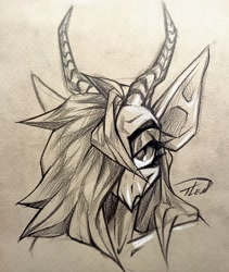 Size: 2530x3000 | Tagged: safe, artist:tlen borowski, oc, black and white, bust, eyebrows, grayscale, high res, horns, monochrome, portrait, simple background, sketch, solo, traditional art