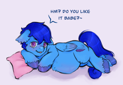 Size: 3306x2306 | Tagged: safe, artist:kirari_chan, oc, oc only, oc:cobalt breeze, pegasus, pony, blushing, breeding, chest fluff, commission, ear fluff, female, full body, high res, looking at you, lying down, on side, pegasus oc, pillow, pregnant, seductive, short hair, sketch, smiling, solo, speech bubble, sultry pose, text, unshorn fetlocks, wings