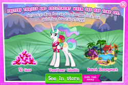 Size: 1961x1300 | Tagged: safe, gameloft, princess celestia, alicorn, pony, g4, my little pony: magic princess, official, advertisement, bag, bush, clothes, costs real money, english, female, folded wings, gem, horn, introduction card, mare, mobile game, numbers, palm tree, ponytail, sale, shirt, solo, tent, text, tree, water, wings