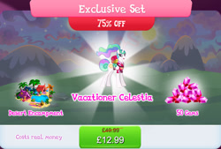 Size: 1266x857 | Tagged: safe, gameloft, princess celestia, alicorn, pony, g4, my little pony: magic princess, official, bag, bundle, bush, clothes, costs real money, english, female, folded wings, gem, horn, mare, mobile game, numbers, palm tree, ponytail, sale, shirt, solo, tent, text, tree, water, wings