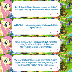 Size: 2048x2023 | Tagged: safe, gameloft, fluttershy, pegasus, pony, g4, my little pony: magic princess, official, dialogue, dialogue box, english, female, high res, implied discord, implied princess celestia, implied princess luna, mare, mobile game, solo focus, speech bubble, spread wings, text, wings