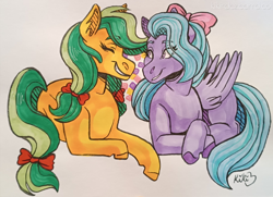 Size: 2048x1485 | Tagged: safe, artist:monnarcha, apple fritter, flitter, pony, g4, apple family member, lying down, prone, traditional art