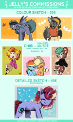 Size: 2480x4134 | Tagged: safe, artist:jellysketch, applejack, rainbow dash, oc, bat pony, earth pony, human, pegasus, pony, unicorn, g4, advertisement, commission, commission info, commission open