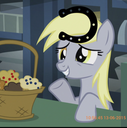 Size: 1080x1088 | Tagged: safe, edit, edited screencap, screencap, derpy hooves, pegasus, pony, g4, slice of life (episode), cropped, food, horseshoes, muffin, solo, timestamp