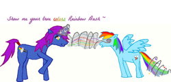 Size: 748x358 | Tagged: safe, artist:aerishikari, rainbow dash, oc, oc:chroma, pegasus, pony, unicorn, g4, attack, color loss, discolored, female, horn, hypnosis, mare, simple background, spread wings, unicorn oc, white background, wings