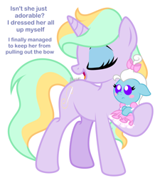 Size: 1774x2038 | Tagged: safe, artist:feather_bloom, oc, oc only, oc:feather bloom(fb), oc:feather_bloom, oc:mystic shimmer(fb), pegasus, pony, unicorn, g4, baby, baby pony, bow, clothes, dress, female, hair bow, makeup, mother and child, mother and daughter, simple background, upset, white background