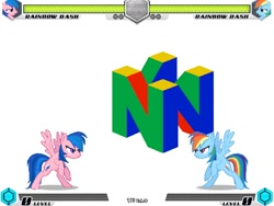 Size: 994x746 | Tagged: safe, artist:tom artista, firefly, rainbow dash, pegasus, pony, fighting is magic, g4, bipedal, color, colored, colorful, fan game, game screencap, logo, new, nintendo, nintendo 64, simple background, stage, white background