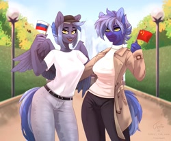 Size: 2491x2060 | Tagged: safe, artist:tenta, oc, oc only, oc:dark straw, oc:pixi feather, hybrid, pegasus, anthro, alley, baseball cap, belt, breasts, bush, cap, city, clothes, coat, day, denim, duo, duo female, female, flag, hat, high res, hug, jeans, lantern, pants, park, shirt, smiling, summer, sunlight, sweater, t-shirt, walking, weekday ponies, wings, wood