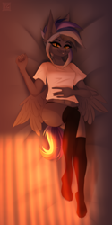 Size: 2765x5530 | Tagged: safe, artist:elektra-gertly, oc, oc only, oc:pixi feather, pegasus, anthro, plantigrade anthro, ass, bed, bedroom, bedroom eyes, belly, belly button, black eyeshadow, black panties, black underwear, butt, clothes, evening, eyelashes, eyeshadow, female, looking at you, lying, makeup, panties, pegasus oc, resting, shirt, smiling, socks, solo, spread wings, stocking feet, stockings, sunlight, t-shirt, tail, thigh highs, underwear, wings, yellow eyes