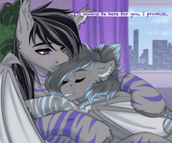 Size: 3000x2500 | Tagged: safe, artist:enderbee, oc, oc:buster, oc:valora, bat pony, pegasus, pony, bat wings, commission, couple, cute, day, female, heterochromia, high res, hug, love, male, mare, oc x oc, piercing, room, shipping, sleeping, stallion, straight, window, wings