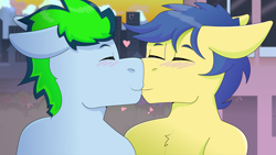 Size: 2800x1578 | Tagged: safe, artist:brushwork, oc, oc:lucky spark, earth pony, pegasus, pony, duo, duo male, gay, heart, kiss on the lips, kissing, male, smooch