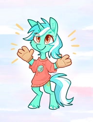Size: 1211x1586 | Tagged: safe, artist:kazunekomori, lyra heartstrings, pony, unicorn, g4, bipedal, clothes, cute, female, gloves, hand, lyrabetes, mare, shirt, smiling, solo, t-shirt, that pony sure does love hands, that pony sure does love humans, unshorn fetlocks