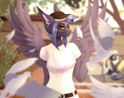 Size: 2708x2160 | Tagged: safe, artist:elektra-gertly, oc, oc only, oc:pixi feather, pegasus, pigeon, anthro, aesthetics, baseball cap, belt, black eyeshadow, breasts, cap, clothes, day, denim, ear fluff, eyeshadow, feather, hat, high res, jeans, lidded eyes, looking at you, makeup, pants, park, pegasus oc, shirt, spread wings, summer, sunlight, t-shirt, wings, yellow eyes