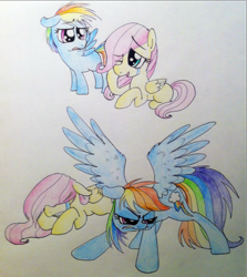 Size: 848x952 | Tagged: safe, artist:kluzart, fluttershy, rainbow dash, pony, g4, crying, female, filly, filly fluttershy, filly rainbow dash, friendshipping, protecting, spread wings, traditional art, wings, younger