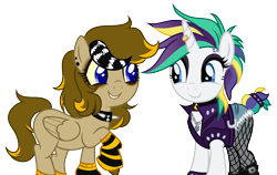 Size: 1620x1022 | Tagged: safe, artist:arshe12, rarity, oc, oc:doodles, pegasus, pony, unicorn, g4, alternate hairstyle, belt, boots, canon x oc, chains, choker, clothes, collar, commission, denim, denim shorts, duo, ear piercing, earring, eyeshadow, female, fishnet stockings, goth, grin, horn, horn piercing, horn ring, jacket, jewelry, leather, leather jacket, leg warmers, lesbian, looking at each other, looking at someone, makeup, mare, piercing, punk, raripunk, ring, shoes, shorts, simple background, smiling, socks, spiked choker, spiked collar, spiked wristband, striped socks, transparent background, unshorn fetlocks, wristband, ych result