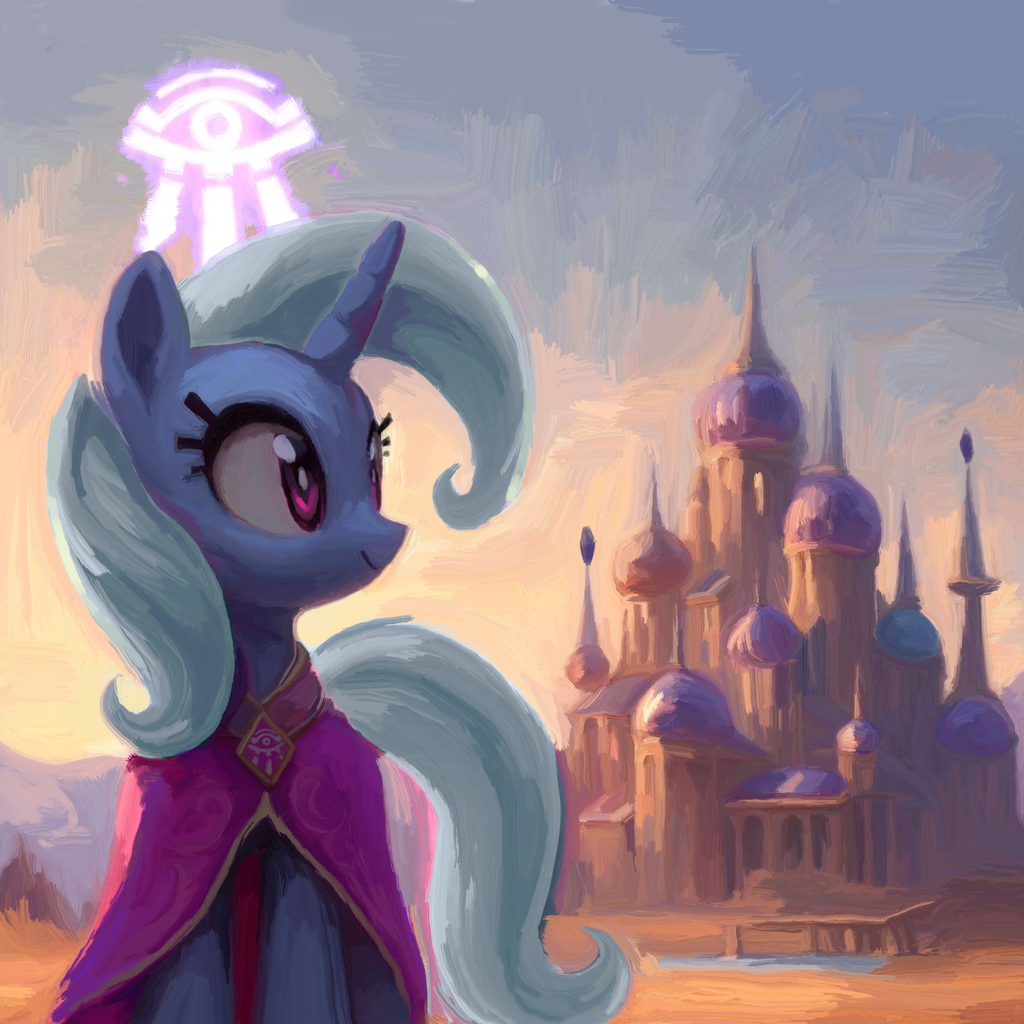[castle,city,clothes,crossover,magician,painting,pony,robe,safe,scenery,solo,trixie,unicorn,warcraft,world of warcraft,painterly,dalaran,artist:yidwags]