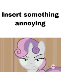 Size: 750x883 | Tagged: safe, artist:geononnyjenny, edit, edited screencap, screencap, sweetie belle, pony, unicorn, for whom the sweetie belle toils, g4, season 4, all new, annoyed, female, filly, foal, hub logo, hubble, logo, looking at you, meme, meme template, solo, text, the hub