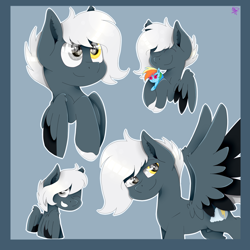 Size: 2000x2000 | Tagged: safe, artist:kathepart, rainbow dash, oc, oc:tempest streamrider, pegasus, pony, g4, commission, cute, cutie mark, heterochromia, high res, looking at you, one eye closed, simple background, smiling, smiling at you, solo, spread wings, toy, wings