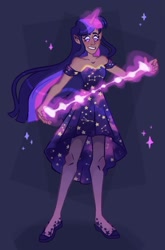 Size: 675x1025 | Tagged: safe, artist:irisikiki, twilight sparkle, human, g4, clothes, dress, female, glowing, glowing horn, horn, horned humanization, humanized, looking at something, magic, moderate dark skin, pantyhose, purple background, simple background, solo, sparkles