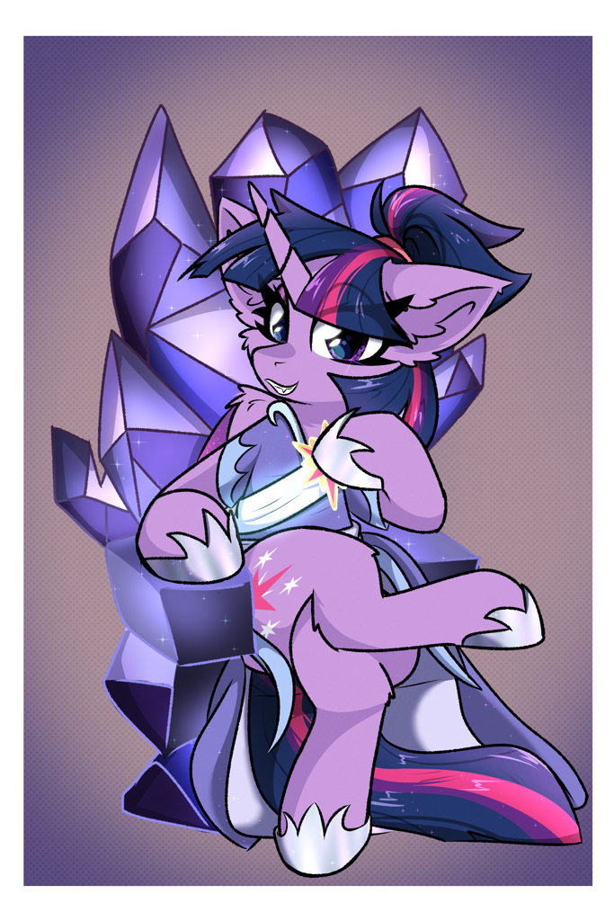 [alicorn,clothes,crystal,dress,fangs,female,g4,gown,looking at you,mare,pony,safe,sitting,solo,throne,twilight sparkle,twilight sparkle (alicorn),artist:jubyskylines,the last problem,second coronation dress,crystal throne]