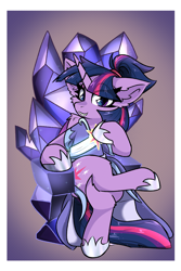 Size: 2000x3000 | Tagged: safe, artist:jubyskylines, twilight sparkle, alicorn, pony, g4, the last problem, clothes, crystal, dress, eye clipping through hair, fangs, female, fluffy, gown, high res, looking at you, mare, second coronation dress, sitting, solo, throne, twilight sparkle (alicorn)