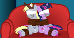 Size: 8700x4441 | Tagged: safe, artist:cardshark777, derpy hooves, twilight sparkle, alicorn, pegasus, pony, g4, arm behind back, blindfold, bondage, bound and gagged, bound together, bound wings, captured, clothes, couch, digital art, duct tape, duo, feather, female, gag, helpless, hoof tickling, hooves behind back, horn, horn ring, magic, magic aura, magic suppression, mare, ring, rope, rope bondage, tape, tape gag, telekinesis, tickle torture, tickling, tied up, twilight sparkle (alicorn), uniform, wings