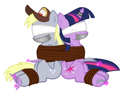 Size: 8200x6134 | Tagged: safe, alternate version, artist:cardshark777, derpy hooves, twilight sparkle, alicorn, pegasus, pony, g4, arm behind back, blindfold, bondage, bound and gagged, bound together, bound wings, captured, clothes, digital art, duct tape, duo, feather, female, gag, helpless, hoof tickling, hooves behind back, horn, horn ring, magic, magic aura, magic suppression, mare, ring, rope, rope bondage, simple background, tape, tape gag, telekinesis, tickle torture, tickling, tied up, transparent background, twilight sparkle (alicorn), uniform, wings