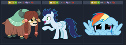 Size: 785x287 | Tagged: safe, rainbow dash, soarin', yona, pegasus, pony, yak, derpibooru, g4, cloven hooves, implied shipping, implied soarindash, implied straight, jealous, juxtaposition, looking at each other, looking at someone, looking at you, meta, reaction image, sad