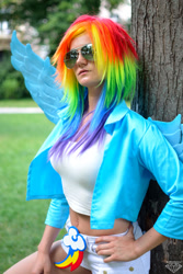 Size: 1024x1536 | Tagged: safe, artist:haruhiism, rainbow dash, human, pegasus, g4, 2014, belly button, clothes, cosplay, costume, irl, irl human, multicolored hair, photo, rainbow hair, solo, sunglasses