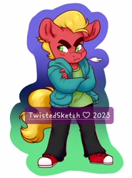 Size: 1597x2160 | Tagged: safe, artist:twisted-sketch, sprout cloverleaf, earth pony, anthro, g5, clothes, crossed arms, grumpy, jacket, looking offscreen, male, outline, simple background, solo, stallion, white background