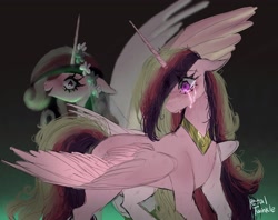 Size: 2048x1623 | Tagged: safe, artist:petaltwinkle, princess cadance, queen chrysalis, alicorn, pony, a canterlot wedding, g4, chest fluff, closed mouth, crying, disguise, disguised changeling, duo, ears back, fake cadance, female, floppy ears, floral head wreath, flower, folded wings, frown, gradient background, looking at you, mare, messy mane, open mouth, peytral, shrunken pupils, signature, smiling, spread wings, standing, this day aria, turned head, veil, wedding veil, wings