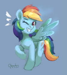 Size: 1433x1606 | Tagged: safe, artist:aemuhn, rainbow dash, pegasus, pony, g4, blue background, emanata, eyebrows, female, grin, looking at you, mare, one eye closed, raised hoof, signature, simple background, smiling, smiling at you, solo, spread wings, wings, wink, winking at you