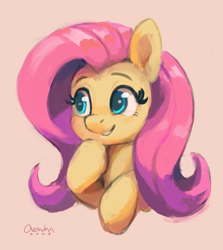 Size: 1433x1606 | Tagged: safe, artist:aemuhn, fluttershy, pegasus, pony, g4, bust, cute, eyebrows, female, hoof on chin, mare, portrait, raised hoof, shyabetes, signature, simple background, smiling, solo