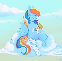 Size: 2589x2531 | Tagged: safe, artist:urbanqhoul, rainbow dash, pegasus, pony, g4, bag, bandage, bandaged leg, belly, bottle, cider, cloud, eating, eyes closed, female, food, high res, hoof hold, lunch bag, mare, on a cloud, paper bag, pasta and potato sandwich on sourdough, round belly, sandwich, sitting, sitting on a cloud, smiling, soda bottle, solo, wing hands, wings
