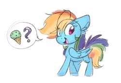 Size: 2187x1507 | Tagged: safe, artist:lbrcloud, rainbow dash, pegasus, pony, g4, big ears, female, food, ice cream, mare, missing cutie mark, open mouth, open smile, pictogram, question mark, simple background, sketch, smiling, solo, speech bubble, white background