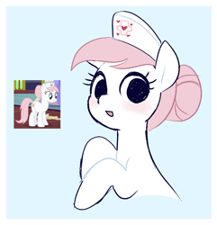 Size: 1001x1038 | Tagged: safe, artist:syrupyyy, nurse redheart, earth pony, pony, a flurry of emotions, g4, blue background, blushing, bust, female, light blue background, looking at you, mare, open mouth, open smile, screencap reference, simple background, smiling, smiling at you, solo
